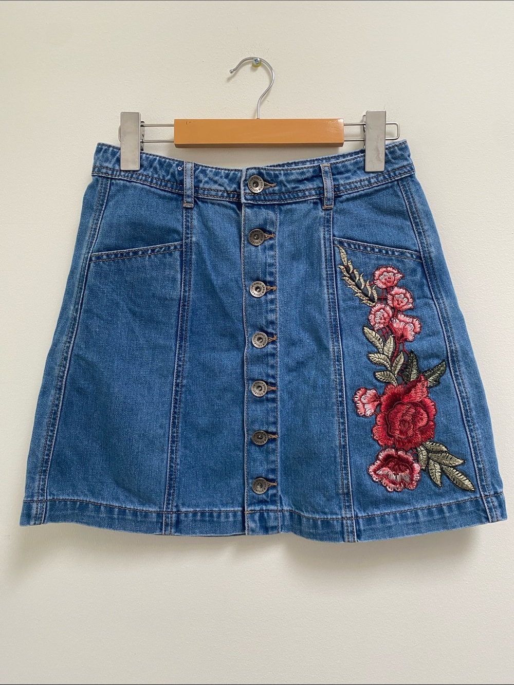 Embroidered Blue Denim A-Line Skirt with Red Floral Detail